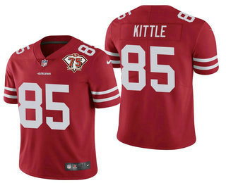 Men’s San Francisco 49ers #85 George Kittle Red 75th Anniversary Patch 2021 Vapor Untouchable Stitched Nike Limited Jersey