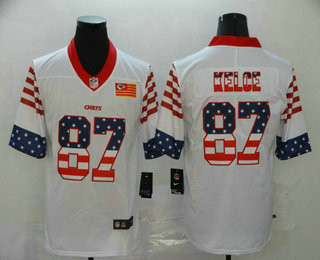 Men’s Kansas City Chiefs #87 Travis Kelce White Independence Day Stars & Stripes Jersey