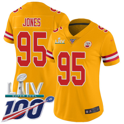 Nike Chiefs #95 Chris Jones Gold Super Bowl LIV 2020 Women’s Stitched NFL Limited Inverted Legend 100th Season Jersey