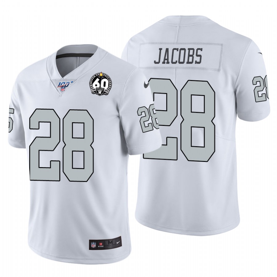 Nike Raiders #28 Josh Jacobs White 60th Anniversary Patch Men’s Stitched NFL 100 Limited Color Rush Jersey
