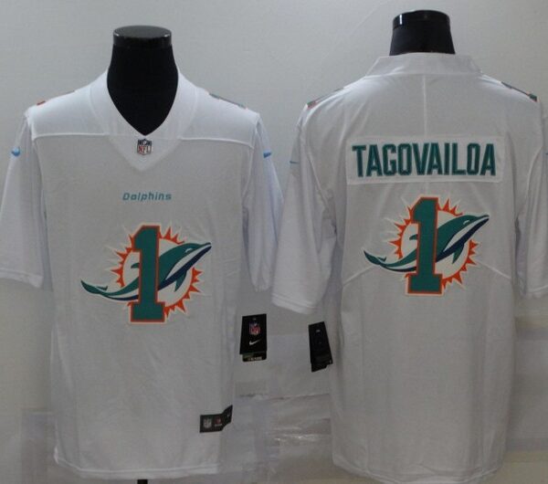 Men’s Miami Dolphins #1 Tua Tagovailoa White 2020 Shadow Logo Vapor Untouchable Stitched NFL Nike Limited Jersey
