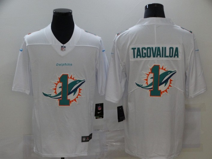 Men’s Miami Dolphins #1 Tua Tagovailoa White 2020 Shadow Logo Vapor Untouchable Stitched NFL Nike Limited Jersey