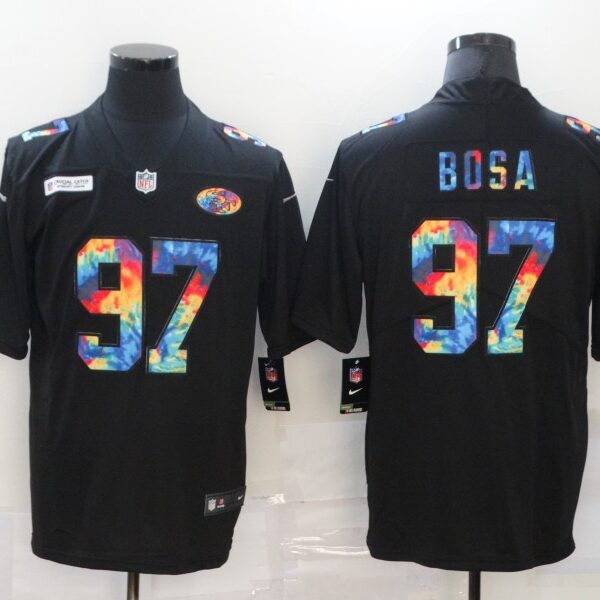 Men’s San Francisco 49ers #97 Nick Bosa Multi-Color Black 2020 NFL Crucial Catch Vapor Untouchable Nike Limited Jersey