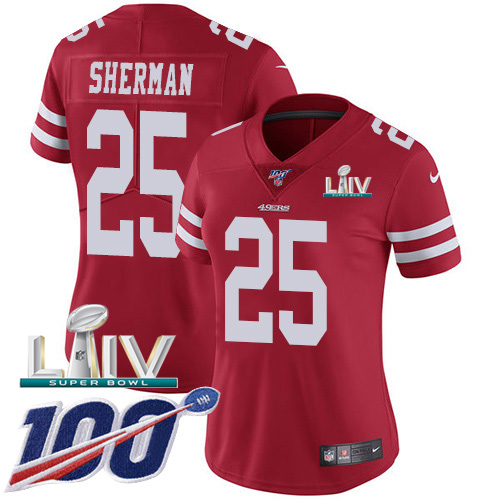 Nike 49ers #25 Richard Sherman Red Super Bowl LIV 2020 Team Color Women’s Stitched NFL 100th Season Vapor Limited Jersey