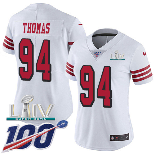 Nike 49ers #94 Solomon Thomas White Super Bowl LIV 2020 Rush Women’s Stitched NFL Limited 100th Season Jersey