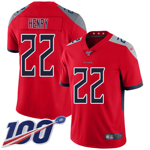 Nike Titans #22 Derrick Henry Red Men’s Stitched NFL Limited Inverted Legend 100th Season Jersey