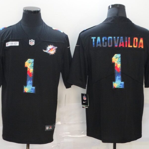 Men’s Miami Dolphins #1 Tua Tagovailoa Multi-Color Black 2020 NFL Crucial Catch Vapor Untouchable Nike Limited Jersey