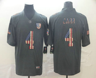 Men’s Oakland Raiders #4 Derek Carr 2019 Black Salute To Service USA Flag Fashion Limited Jersey