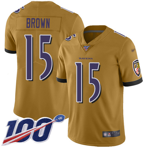 Nike Ravens #15 Marquise Brown Gold Men’s Stitched NFL Limited Inverted Legend 100th Season Jersey