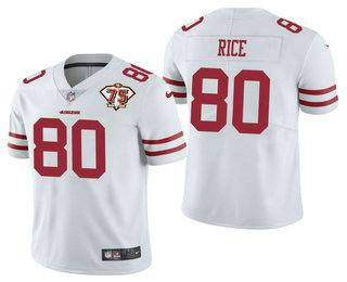 Men’s San Francisco 49ers #80 Jerry Rice White 75th Anniversary Patch 2021 Vapor Untouchable Stitched Nike Limited Jersey