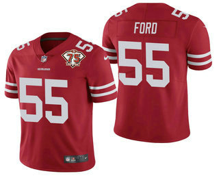 Men’s San Francisco 49ers #55 Dee Ford Red 75th Anniversary Patch 2021 Vapor Untouchable Stitched Nike Limited Jersey