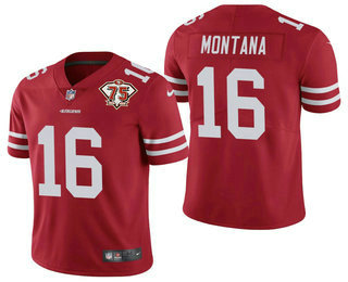 Men’s San Francisco 49ers #16 Joe Montana Red 75th Anniversary Patch 2021 Vapor Untouchable Stitched Nike Limited Jersey