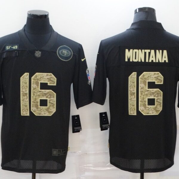 Men’s San Francisco 49ers #16 Joe Montana Black Camo 2020 Salute To Service Stitched NFL Nike Limited Jersey