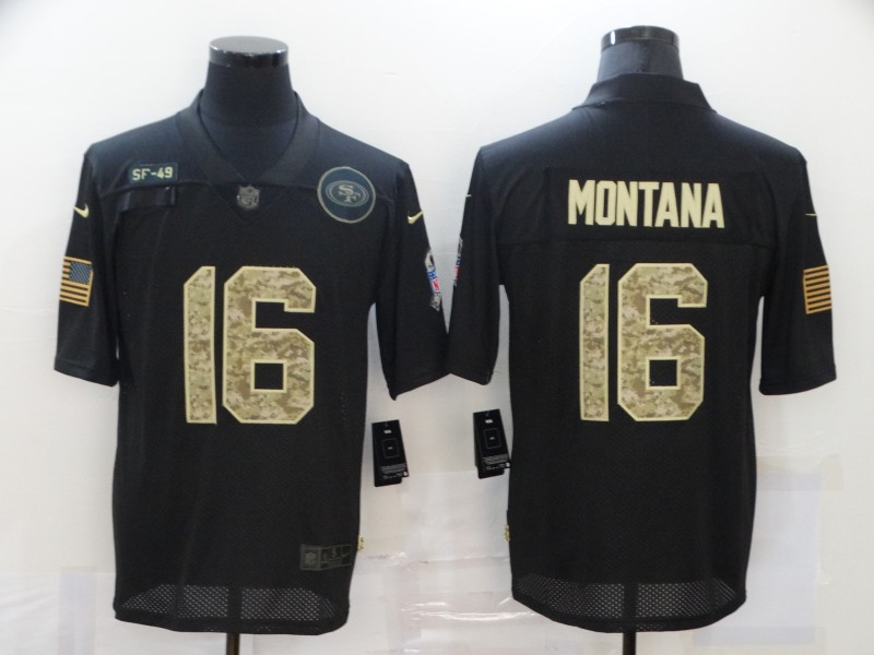 Men’s San Francisco 49ers #16 Joe Montana Black Camo 2020 Salute To Service Stitched NFL Nike Limited Jersey