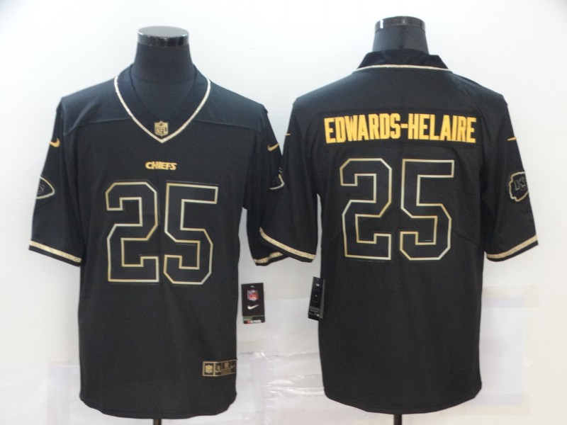 Men’s Kansas City Chiefs #25 Clyde Edwards-Helaire Black 100th Season Golden Edition Jersey