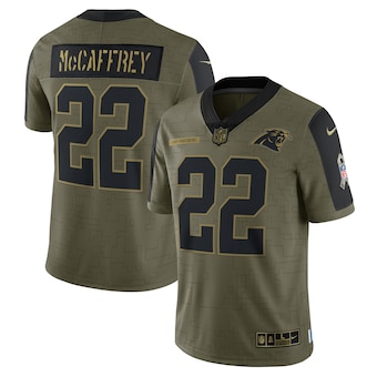 Men’s Carolina Panthers #22 Christian McCaffrey Nike Olive 2021 Salute To Service Limited Player Jersey