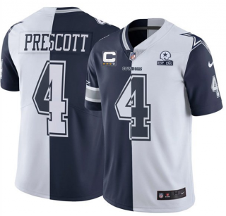 Men’s Dallas Cowboys #4 Dak Prescott Split Navy White With C Patch And 1960 Patch Limited Stitched Jersey