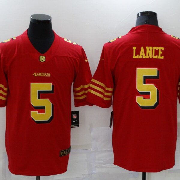 Men’s San Francisco 49ers #5 Trey Lance Red Gold 2021 Vapor Untouchable Stitched NFL Nike Limited Jersey