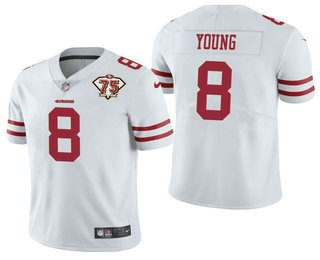 Men’s San Francisco 49ers #8 Steve Young White 75th Anniversary Patch 2021 Vapor Untouchable Stitched Nike Limited Jersey