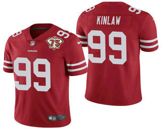 Men’s San Francisco 49ers #99 Javon Kinlaw Red 75th Anniversary Patch 2021 Vapor Untouchable Stitched Nike Limited Jersey