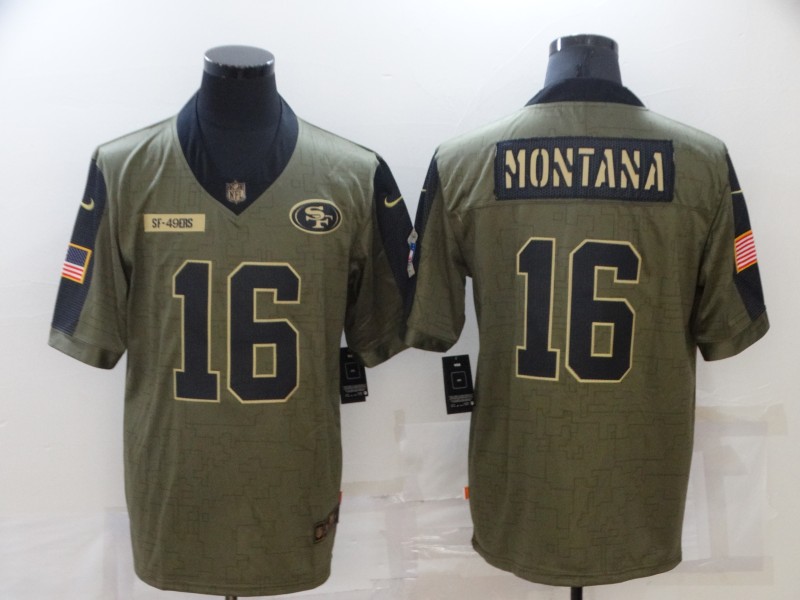 Men’s San Francisco 49ers #16 Joe Montana 2021 Olive Salute To Service Limited Stitched Jersey