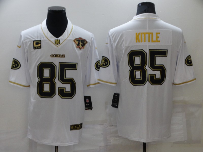 Men’s San Francisco 49ers #85 George Kittle White 75th Patch Golden Edition Stitched NFL Nike Limited Jersey
