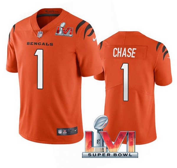 Men’s Cincinnati Bengals #1 Ja’Marr Chase 2022 Orange Super Bowl LVI Vapor Limited Stitched Jersey
