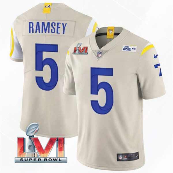 Men’s Los Angeles Rams #5 Jalen Ramsey 2022 Bone Super Bowl LVI Vapor Limited Stitched Jersey