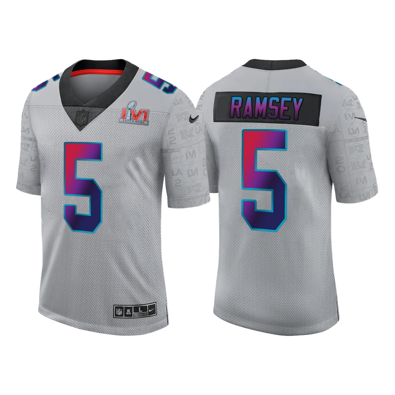Men’s Los Angeles Rams #5 Jalen Ramsey 2022 Grey Super Bowl LVI Limited Stitched Jersey
