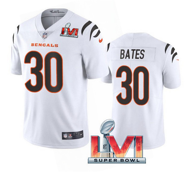Men’s Cincinnati Bengals #30 Jessie Bates 2022 White Super Bowl LVI Vapor Limited Stitched Jersey