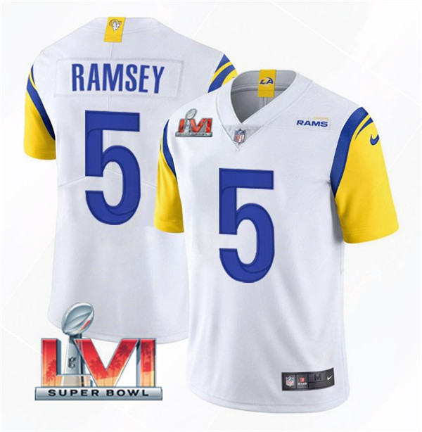 Men’s Los Angeles Rams #5 Jalen Ramsey 2022 White Super Bowl LVI Vapor Limited Stitched Jersey