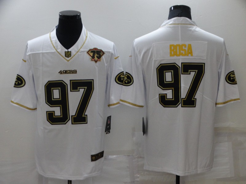 Men’s San Francisco 49ers #97 Nick Bosa White 75th Patch Golden Edition Stitched NFL Nike Limited Jersey