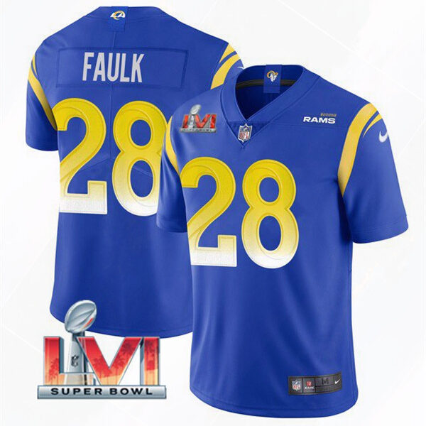 Men’s Los Angeles Rams #28 Marshall Faulk 2022 Royal Super Bowl LVI Vapor Limited Stitched Jersey
