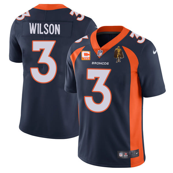 Men’s Denver Broncos #3 Russell Wilson Navy With C Patch & Walter Payton Patch Vapor Untouchable Limited Stitched Jersey