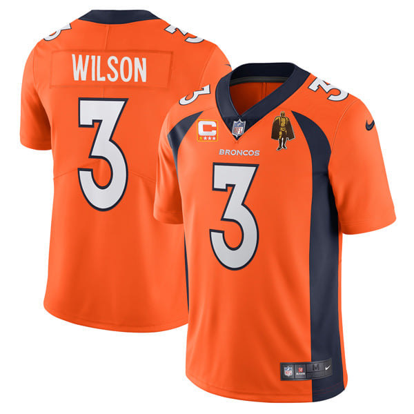 Men’s Denver Broncos #3 Russell Wilson Orange With C Patch & Walter Payton Patch Vapor Untouchable Limited Stitched Jersey