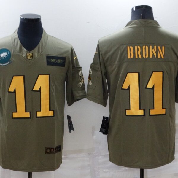 Men’s Philadelphia Eagles #11 A. J. Brown Olive Gold Salute To Service Limited Stitched Jersey