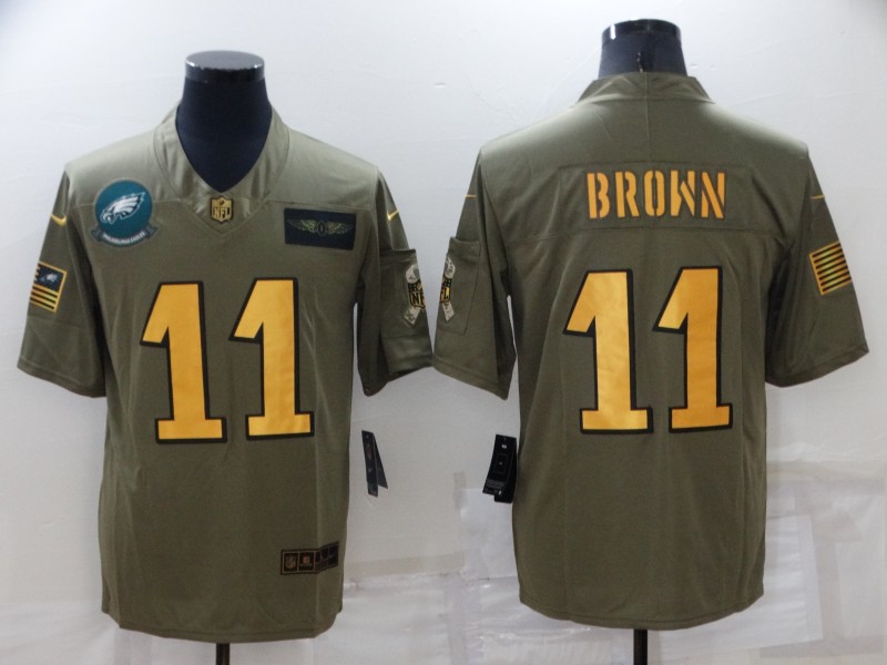 Men’s Philadelphia Eagles #11 A. J. Brown Olive Gold Salute To Service Limited Stitched Jersey