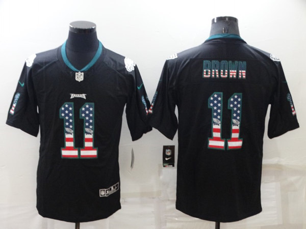 Men’s Philadelphia Eagles #11 A. J. Brown Black USA Flag Color Rush Limited Stitched Jersey