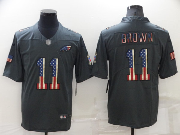 Men’s Philadelphia Eagles #11 A. J. Brown Grey Salute To Service USA Flag Stitched Jersey
