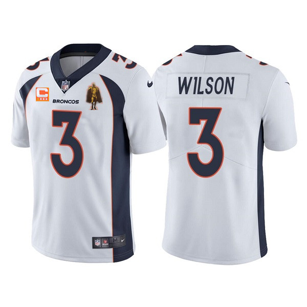 Men’s Denver Broncos #3 Russell Wilson White With C Patch & Walter Payton Patch Limited Stitched Jersey