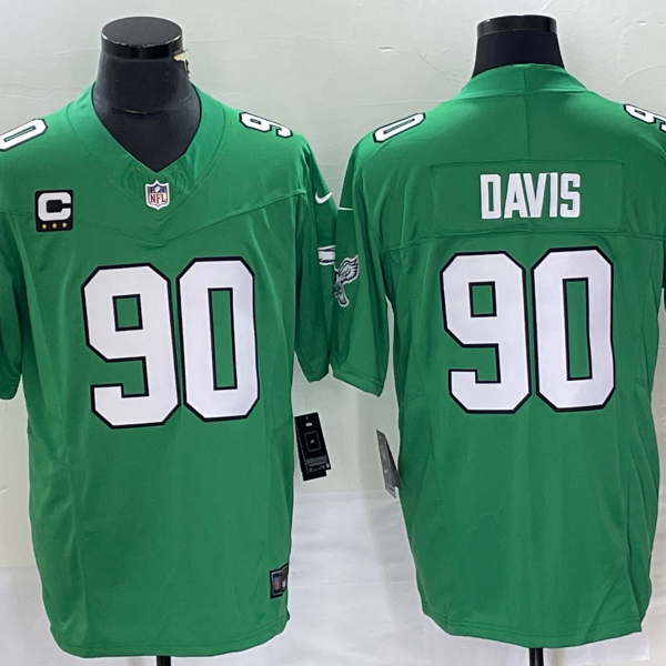 Men’s Philadelphia Eagles #90 Jordan Davis Green C Patch 2023 FUSE Vapor Limited Throwback Stitched Jersey