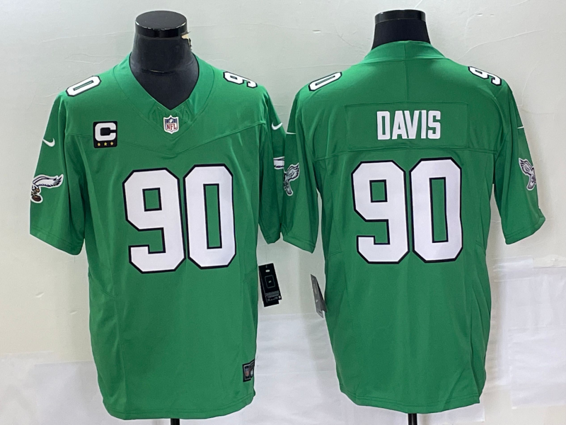 Men’s Philadelphia Eagles #90 Jordan Davis Green C Patch 2023 FUSE Vapor Limited Throwback Stitched Jersey