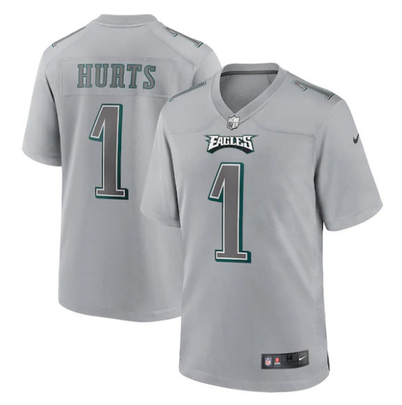 Men’s Philadelphia Eagles #1 Jalen Hurts Gray Atmosphere Fashion Stitched Game Jersey
