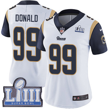 #99 Limited Aaron Donald White Nike NFL Road Women’s Jersey Los Angeles Rams Vapor Untouchable Super Bowl LIII Bound