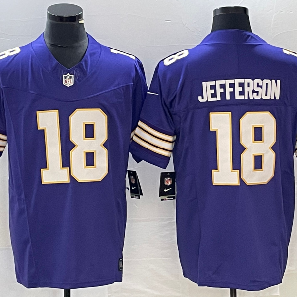 Men’s Minnesota Vikings #18 Justin Jefferson Purple 2023 FUSE Vapor Limited Throwback Stitched Jersey