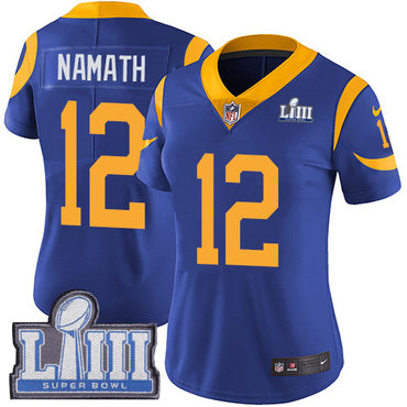 #12 Limited Joe Namath Royal Blue Nike NFL Alternate Women’s Jersey Los Angeles Rams Vapor Untouchable Super Bowl LIII Bound