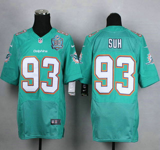 Men’s Miami Dolphins #93 Ndamukong Suh Aqua Green Team Color 2015 NFL 50th Patch Nike Elite Jersey