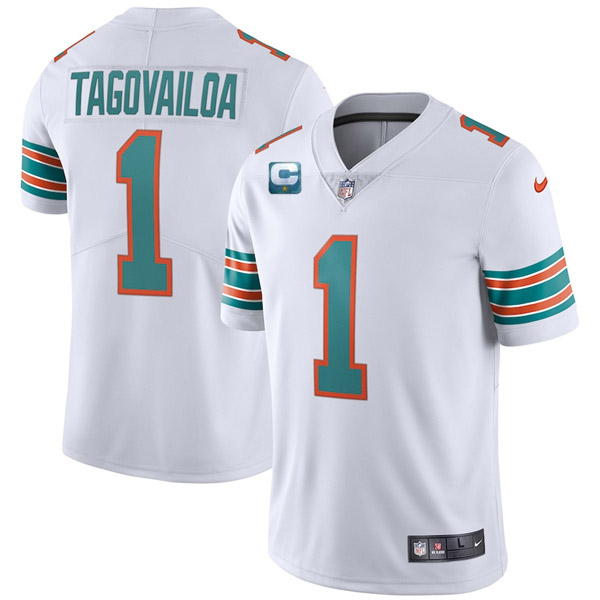 Men’s Miami Dolphins 2022 #1 Tua Tagovailoa White With 1-star C Patch Stitched Jersey