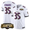 Men’s Baltimore Ravens #35 Gus Edwards White 2023 F.U.S.E. AFC North Champions Vapor Limited Football Stitched Jersey