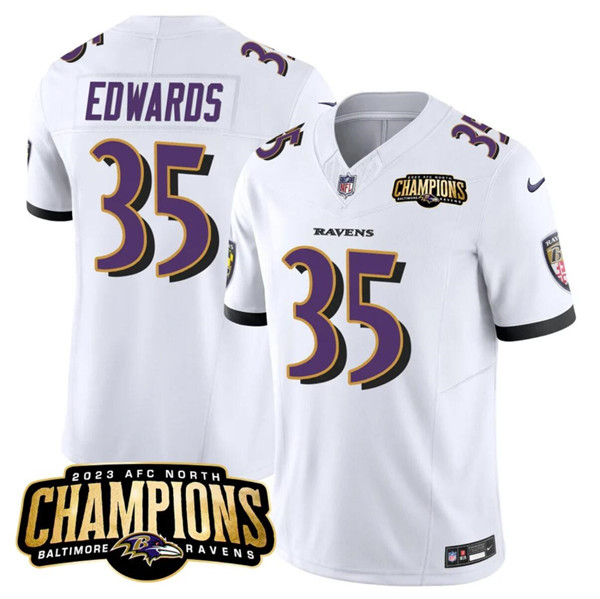 Men’s Baltimore Ravens #35 Gus Edwards White 2023 F.U.S.E. AFC North Champions Vapor Limited Football Stitched Jersey
